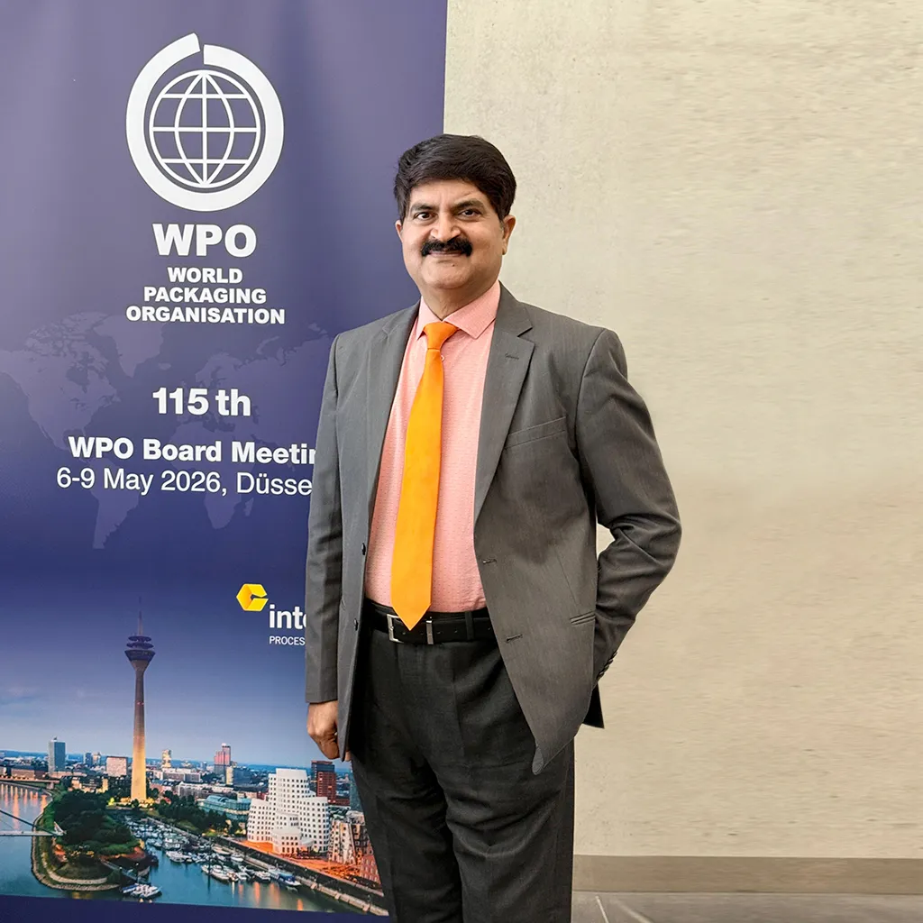 Chakravarthi AVPS at the 115th WPO Board Meeting, Düsseldorf, representing global leadership in packaging excellence.