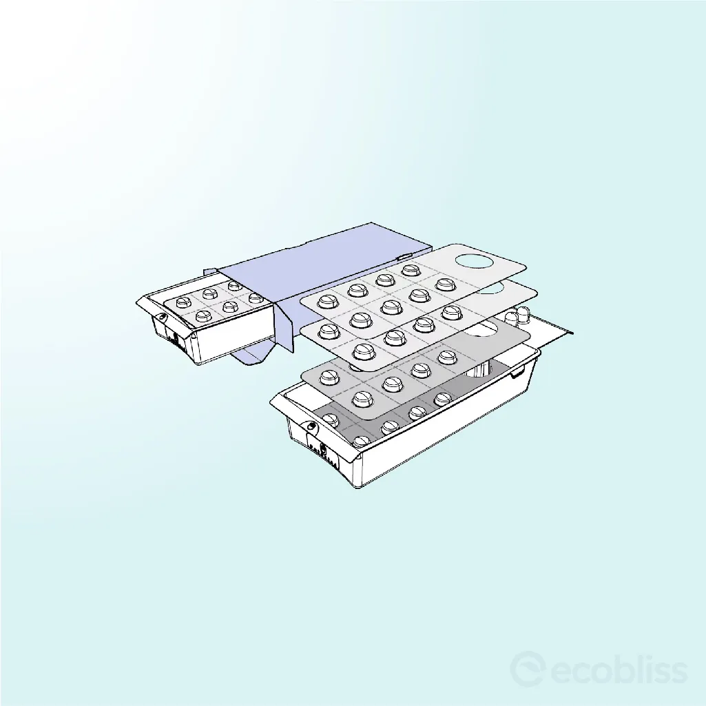 Pharmaceutical tray engineered to hold multiple blister strips in a structured layout.