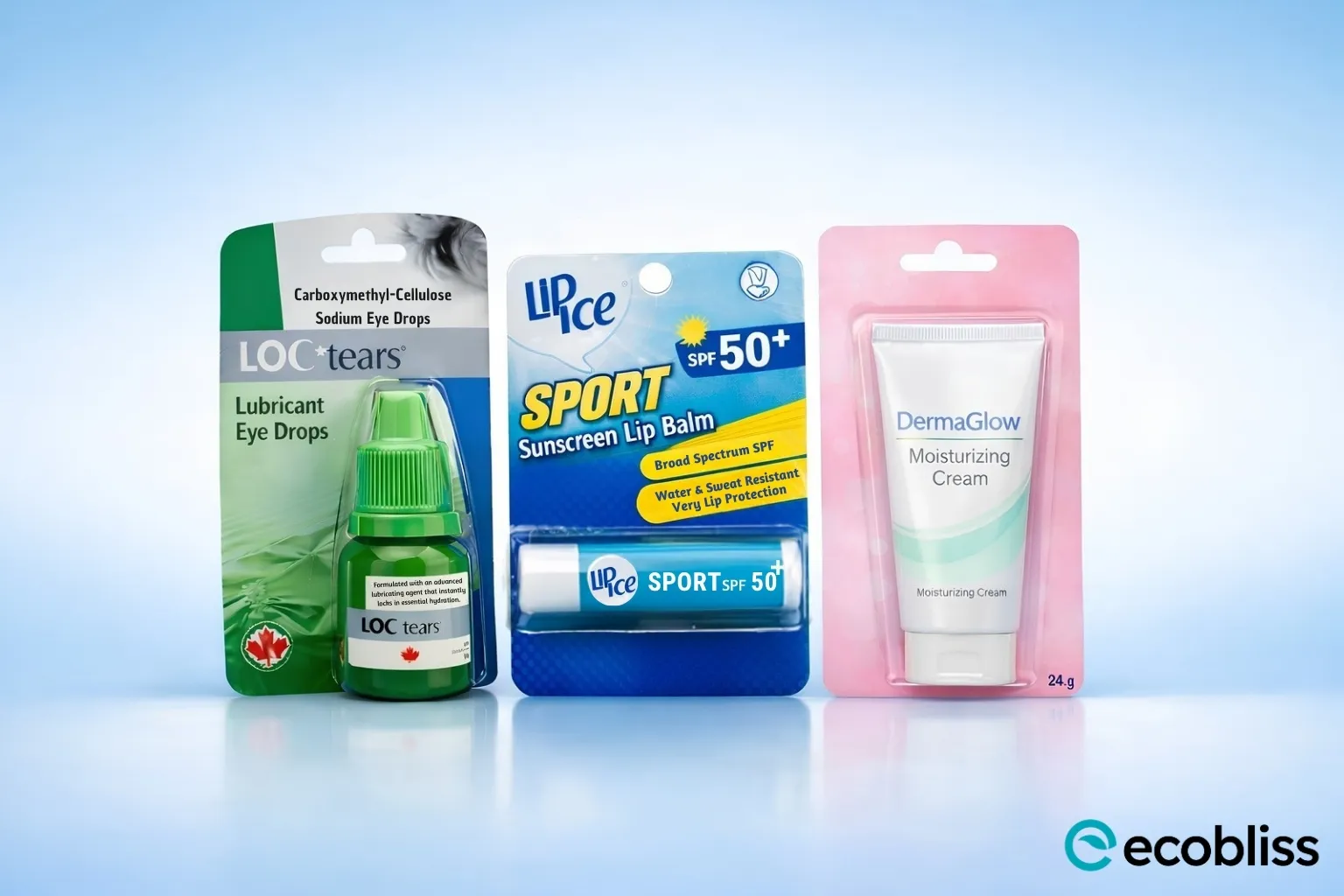 Cold seal blister packaging by Ecobliss — lubricant eye drops, SPF sport lip balm, and moisturizing cream in sustainable, recyclable blister packs