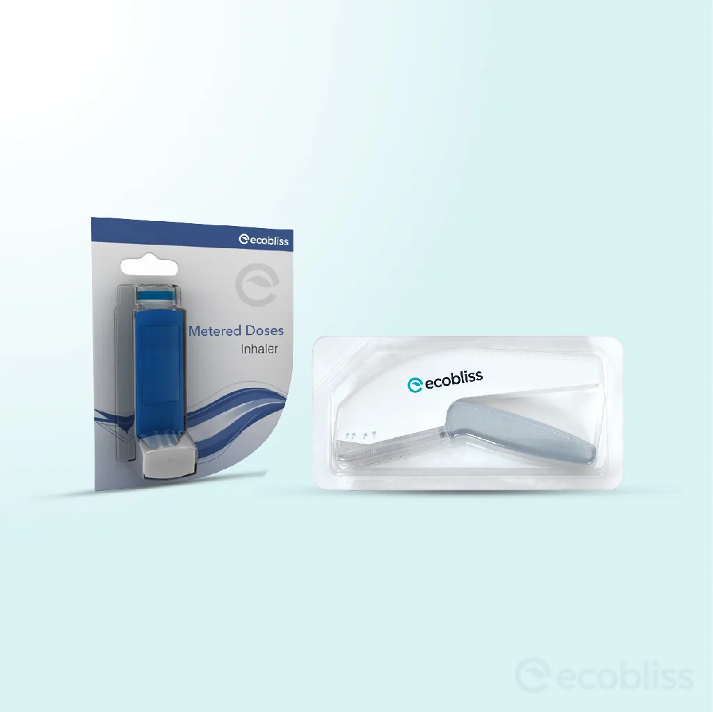 Sterile‑barrier medical device blister packaging by Ecobliss featuring high‑visibility packs for inhalers and handheld diagnostic devices.