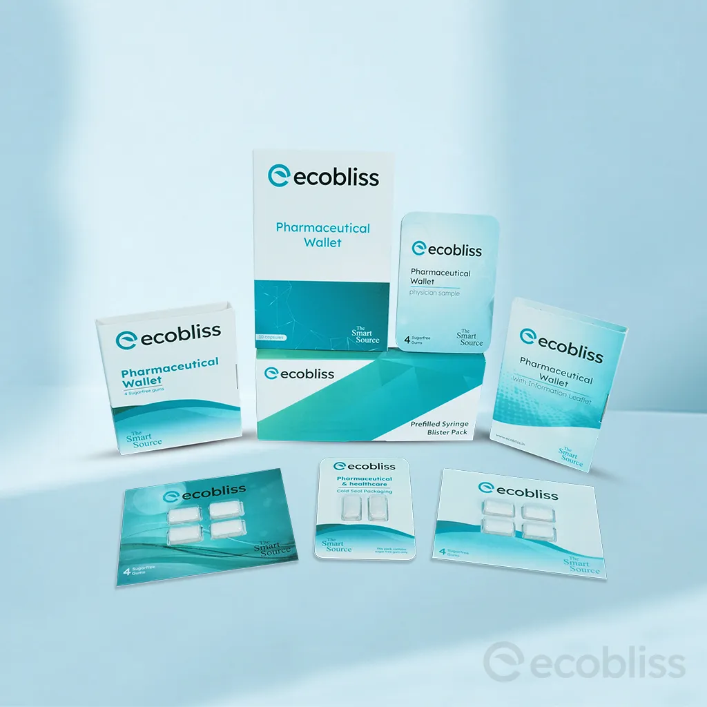 Ecobliss pharmaceutical wallet packaging and prefilled syringe blister packs displayed in a clean, professional layout.