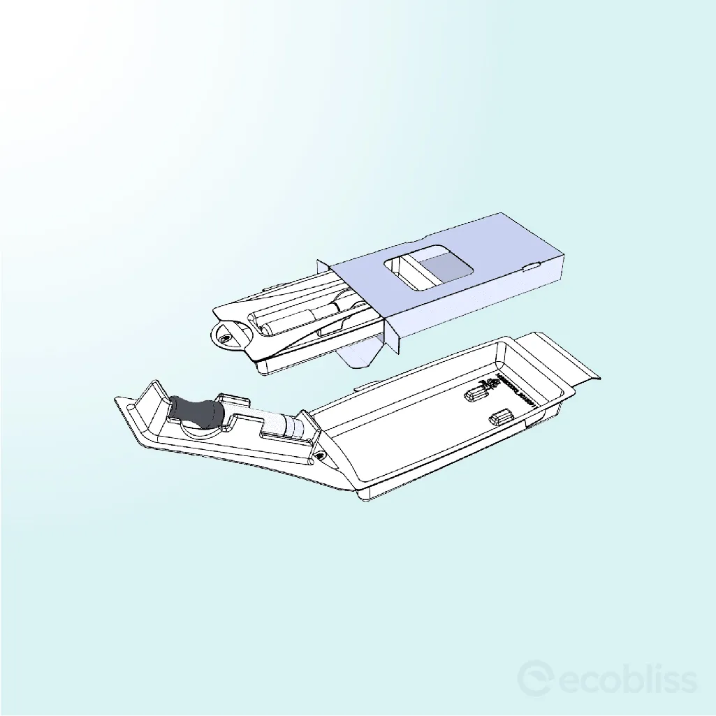 Windowed packaging tray allowing clear visibility of the enclosed pharmaceutical product.