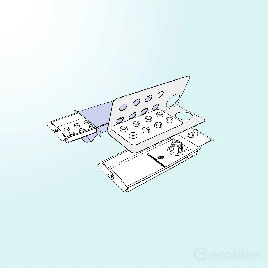 Blister pack placed inside a cold-seal adapter card for secure pharmaceutical packaging.