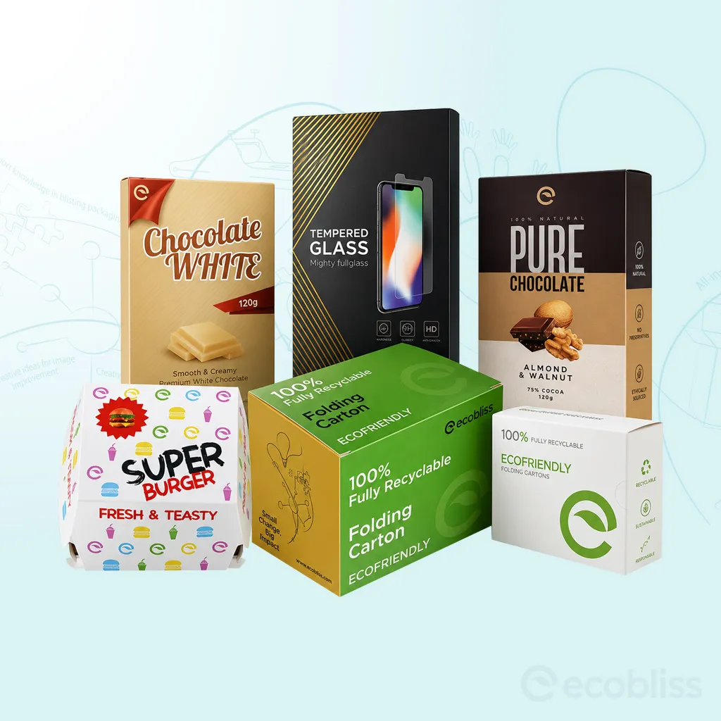 Premium unboxing experience design — Ecobliss custom carton packaging across FMCG, food, and electronics categories.