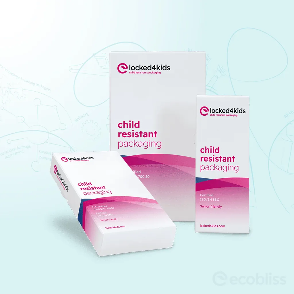 Locked4Kids F=1 and ISO/EN 8317 certified child-resistant carton packaging by Ecobliss, senior-friendly and designed for pharmaceutical safety.