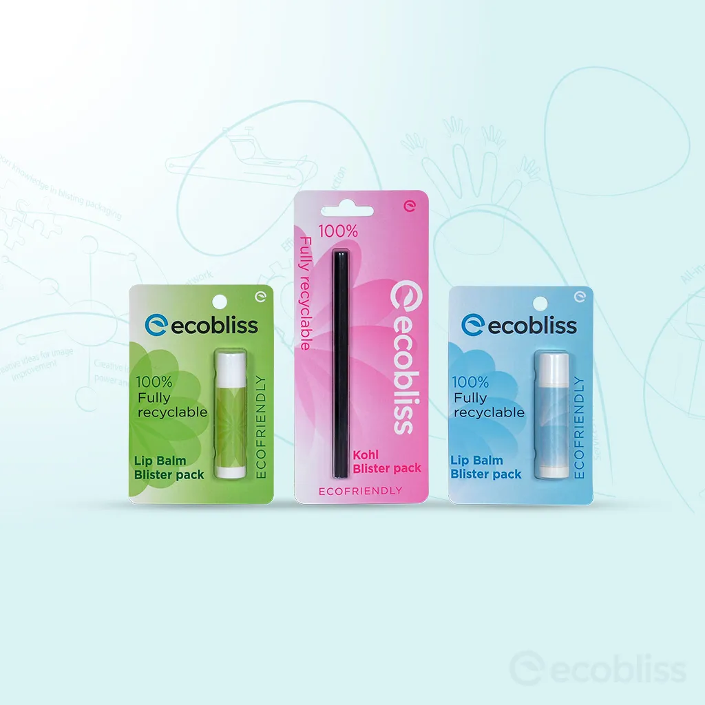 Eco-friendly, fully recyclable blister packaging for lip balm and kohl products by Ecobliss.